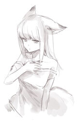  animal_ear_fluff animal_ears arknights bare_shoulders breasts closed_mouth collarbone dress e-bushi female frostleaf_(arknights) greyscale hand_on_own_chest hand_up long_hair looking_down material_growth monochrome off-shoulder_dress off_shoulder oripathy_lesion_(arknights) short_sleeves simple_background small_breasts solo tail white_background 