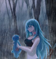  abc03219 ahoge bad_id bad_pixiv_id bare_arms black_sports_bra blue_eyes blue_hair breasts cleavage closed_mouth commission female from_side hair_between_eyes highres long_hair matsumoto_(vivy) medium_breasts midriff outdoors pixiv_commission rain sports_bra stomach straight_hair very_long_hair vivy vivy:_fluorite_eye&#039;s_song wet wet_hair 