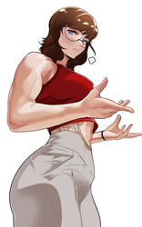  absurdres bare_shoulders blue_eyes bracelet brown_hair datli64 female glasses highres jewelry leanbeefpatty medium_hair mole muscular muscular_female pants photo-referenced real_life red_tank_top simple_background solo sweatdrop tank_top tattoo white_background 