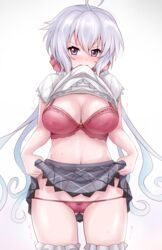  ahoge ass_visible_through_thighs blush bra breasts cleavage clothes_lift cowboy_shot female floating_hair grey_skirt groin hair_between_eyes large_breasts lifting_own_clothes long_hair looking_at_viewer lowleg lowleg_panties midriff miniskirt mouth_hold navel panties pink_bra pink_eyes pink_panties plaid plaid_skirt pleated_skirt r-binon senki_zesshou_symphogear shirt shirt_lift simple_background skirt skirt_lift solo standing stomach sweatdrop thigh_gap trembling twintails underwear very_long_hair white_background white_hair white_shirt yukine_chris 