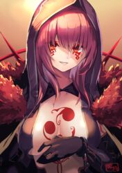  breast_curtains breasts chest_tattoo commentary_request cosplay cu_chulainn_(fate) cu_chulainn_alter_(fate) cu_chulainn_alter_(fate)_(cosplay) cu_chulainn_alter_(third_ascension)_(fate) facial_mark fate/grand_order fate_(series) female fur_collar gloves gradient_background highres hood hood_up large_breasts long_hair looking_at_viewer partial_commentary purple_hair red_eyes scathach_(fate) shimotsuki_shio smile spikes tattoo 