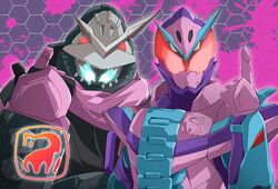  2boys animal_hood armor black_armor blue_eyes brachio_genome brachio_vistamp brachiosaurus clock_hands extra_eyes gauntlets highres hood index_finger_raised kamen_rider kamen_rider_revi kamen_rider_revice kamen_rider_vice miyabi_(037) multiple_boys pink_armor pose stamp_mark teeth tokusatsu upper_body 