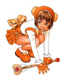  1990s_(style) back_bow bow breasts brown_eyes brown_hair female full_body gloves gouketsuji_ichizoku grin hananokouji_kurara holding holding_wand long_sleeves miniskirt murata_range non-web_source official_art orange_footwear orange_gloves orange_headwear orange_skirt pleated_skirt retro_artstyle short_hair simple_background skirt smile solo squatting wand white_background 