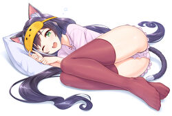  animal_ear_fluff animal_ears ass black_hair black_panties blush cat_ears cat_girl cat_tail commentary feet female full_body green_eyes grey_hair hands_up highres karyl_(princess_connect!) long_hair looking_at_viewer low_twintails lying mask mask_on_head multicolored_hair no_shoes oerba_yun_fang on_side one_eye_closed open_mouth pajamas panties pillow pink_pajamas pink_shirt pink_shorts princess_connect! red_thighhighs shirt short_shorts shorts sleep_mask solo streaked_hair tail thighhighs tomo_(tmtm_mf_mf) twintails underwear very_long_hair white_background 