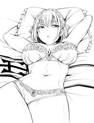  arms_up bra braid breasts breasts_apart crown_braid female frilled_bra frilled_panties frilled_pillow frills greyscale hair_between_eyes hololive large_breasts looking_away looking_to_the_side lying monochrome navel noise_(tsuzuki) official_alternate_hairstyle on_back panties parted_lips pillow shirogane_noel short_hair solo stomach toned underwear underwear_only virtual_youtuber 