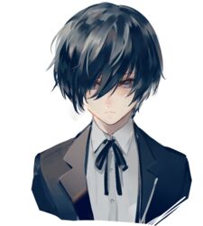  1boy black_hair black_jacket black_ribbon blue_eyes closed_mouth collared_shirt cropped_torso dress_shirt frown gekkoukan_high_school_uniform jacket looking_to_the_side lor_(roasyerizyonirapi) male_focus neck_ribbon open_clothes open_jacket persona persona_3 ribbon school_uniform shirt short_hair solo upper_body white_shirt wing_collar yuuki_makoto_(persona_3) 