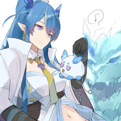  arknights black_gloves blue_hair breasts closed_mouth dragon_bubble_(arknights) dragon_horns e-bushi eighth_note elbow_gloves female gloves hair_between_eyes highres holding horns jacket ling_(arknights) long_hair looking_away medium_breasts musical_note navel necktie open_clothes open_jacket purple_eyes simple_background smile spoken_musical_note very_long_hair white_background white_jacket yellow_necktie 