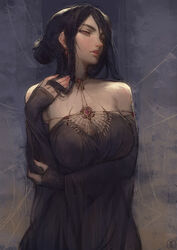  bare_shoulders black_hair borrowed_character breasts choker commentary detached_sleeves earrings english_commentary erato_(ennuigirl) female gift_art hair_bun highres jewelry large_breasts lips long_hair nat_the_lich original red_eyes signature silk single_hair_bun solo spider_web 