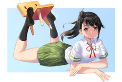  absurdres asymmetrical_hair between_feet black_hair black_socks blue_background blush border breasts brown_eyes cang_se_ye_hua chair chinese_commentary closed_mouth collared_shirt commentary eyelashes feet feet_up female full_body green_skirt hair_ornament hairclip highres holding_with_feet iwato_suzume legs looking_at_viewer lying md5_mismatch miniskirt neck_ribbon no_shoes on_stomach pleated_skirt ponytail red_ribbon ribbon school_uniform shadow shirt short_sleeves single_sidelock skindentation skirt smell smile socks soles solo steaming_body suzume&#039;s_chair suzume_no_tojimari swept_bangs the_pose thighs toes white_border white_shirt x_hair_ornament 