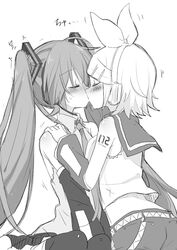  2girls belt blush bow closed_eyes commentary crop_top detached_sleeves greyscale hair_ornament hairbow hairclip hands_on_another&#039;s_shoulders hatsune_miku kagamine_rin kissing long_hair monochrome multiple_girls sailor_collar school_uniform short_hair sitting skirt sudachi_(calendar) sweat swept_bangs thighhighs twintails very_long_hair vocaloid yuri 