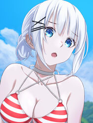  :o absurdres bikini blue_eyes blue_sky breasts choker cleavage cloud collarbone criss-cross_halter day female hair_between_eyes hair_ornament halterneck highres karashibushi medium_breasts open_mouth outdoors short_hair siesta_(tantei_wa_mou_shindeiru) sky solo striped_bikini striped_clothes swimsuit tantei_wa_mou_shindeiru upper_body white_choker white_hair x_hair_ornament 