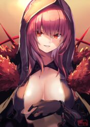  breast_curtains breasts commentary_request cosplay cu_chulainn_(fate) cu_chulainn_alter_(fate) cu_chulainn_alter_(fate)_(cosplay) cu_chulainn_alter_(third_ascension)_(fate) fate/grand_order fate_(series) female fur_collar gloves gradient_background highres hood hood_up large_breasts long_hair looking_at_viewer partial_commentary purple_hair red_eyes scathach_(fate) shimotsuki_shio smile spikes 