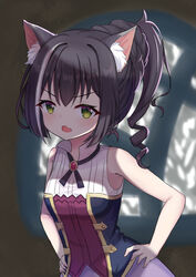  animal_ear_fluff animal_ears bare_arms bare_shoulders black_hair blurry blurry_background breasts cat_ears cat_girl commentary_request depth_of_field female green_eyes grey_hair hair_between_eyes hands_on_own_hips indoors karyl_(princess_connect!) multicolored_hair oerba_yun_fang open_mouth ponytail princess_connect! purple_skirt satori_(ymoy) shirt skirt sleeveless sleeveless_shirt small_breasts solo streaked_hair upper_body white_shirt window 