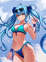  bikini blue_bikini blue_eyes blue_hair cloud cowboy_shot day eyewear_on_head female floating_hair front-tie_top hair_between_eyes hatsune_miku highres korean_commentary long_hair moth1 navel number_tattoo outdoors shoulder_tattoo side-tie_bikini_bottom sky solo swimsuit tattoo twintails very_long_hair vocaloid 