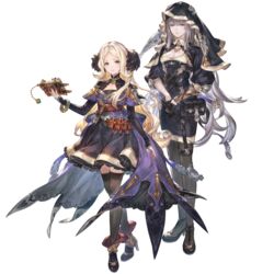  2girls aqua_eyes arm_at_side blonde_hair boots breasts crossed_legs dress fold-over_boots full_body granblue_fantasy green_eyes grey_hair habit hand_up high_heel_boots high_heels long_hair looking_at_viewer medium_breasts minaba_hideo mireille_(granblue_fantasy) multiple_girls nun official_art pantyhose risette_(granblue_fantasy) simple_background skirt small_breasts standing thighhighs transparent_background vial 