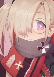  blonde_hair blush cross eyebrows female freckles girls&#039;_frontline glasses gloves hair_over_one_eye highres hk21_(girls&#039;_frontline) iron_cross jacy looking_at_viewer partially_fingerless_gloves purple_eyes round_eyewear short_hair short_twintails solo twintails upper_body 