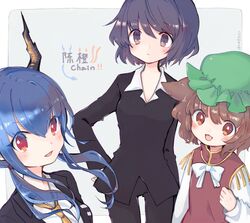  3girls animal_ears arknights artist_name black_eyes black_hair black_pants blue_hair blush bow bowtie breasts brown_eyes brown_hair cat_ears ch&#039;en_(arknights) chain_sumeragi chen chinese_clothes commentary formal green_headwear hair_between_eyes hat horns jacket kekkai_sensen long_sleeves looking_at_viewer m_(m073111) medium_hair mob_cap multiple_girls name_connection necktie open_mouth pants red_eyes shirt suit touhou twitter_username vest white_shirt 