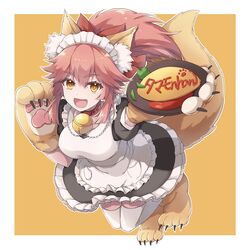  animal_ear_fluff animal_ears animal_hands apron bell breasts cat_paws collar fangs fate/grand_order fate_(series) female food food_writing fox_ears fox_girl fox_tail gloves hair_ribbon highres jingle_bell ketchup large_breasts long_hair looking_at_viewer neck_bell omelet omurice open_mouth paw_gloves paw_shoes pink_hair ponytail red_ribbon ribbon shoes solo tail tamamo_(fate) tamamo_cat_(fate) tamamo_cat_(second_ascension)_(fate) tm-pika white_legwear yellow_eyes 