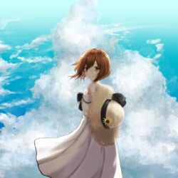  arms_behind_back black_ribbon brown_eyes brown_hair cloud dress female from_behind hat highres holding holding_clothes holding_hat kantai_collection lanthan looking_at_viewer looking_back ribbon short_hair smile solo straw_hat sun_hat sundress unworn_hat unworn_headwear white_dress yukikaze_(kancolle) yukikaze_(summer_mode)_(kancolle) 