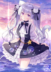  animal_ears black_bow black_ribbon blunt_bangs bow bubble cat_ears cat_girl closed_mouth cloud commentary dress female frilled_dress frills grey_hair hair_ornament hoshino_koucha multicolored_hair original outdoors pinafore_dress purple_eyes purple_hair ribbon shadow short_sleeves skirt_hold sky sleeveless sleeveless_dress smile snowflakes solo sparkle star_(symbol) star_print thighs twintails two-tone_hair wading 