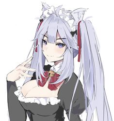  alternate_costume alternate_hairstyle animal_ear_fluff animal_ears bell black_bow black_dress bow breasts cat_ears cleavage_cutout clothing_cutout dress female grey_hair hairbow highres indie_virtual_youtuber kemonomimi_mode large_breasts light_blush long_hair looking_at_viewer maid open_hand purple_eyes red_bow smile solo tagicrabbu twintails v-shaped_eyebrows vei_(vtuber) vei_(vtuber)_(3rd_costume) virtual_youtuber white_background 