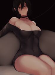  :3 absurdres bad_id bad_pixiv_id bare_shoulders black_background black_collar black_dress black_eyes black_hair breasts chainsaw_man cleavage collar couch covered_navel cropped_legs dress ear_piercing eyebrows female highres leash looking_to_the_side medium_breasts naughty_face off-shoulder_dress off_shoulder on_couch piercing reze_(chainsaw_man) sitting smile thick_thighs thighs zaki_(zaki_btw) 