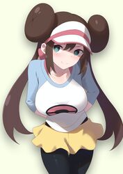  absurdres aqua_eyes arms_behind_back black_pantyhose blush breasts brown_hair closed_mouth collarbone cowboy_shot double_bun female green_eyes hair_bun highres large_breasts long_sleeves momihige pantyhose poke_ball_print pokemon pokemon_bw2 raglan_sleeves rosa_(pokemon) shadow shorts smile solo twintails visor_cap yellow_shorts 