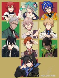  6+boys absurdres aqua_hair aragami_oga arurandeisu astel_leda beard black_hair black_jacket black_shirt blonde_hair blue_hair blue_neckwear blush collared_shirt copyright_name dark-skinned_male dark_skin everyone eyepatch facial_hair glasses grey_hair hair_behind_ear hair_ornament hanasaki_miyabi highres holostars hood hooded_jacket horns jacket kagami_kira kageyama_shien kanade_izuru kishido_temma looking_at_viewer looking_down male_focus multicolored_hair multiple_boys necktie one_eye_covered open_hand open_mouth otoko_no_ko print_necktie rabbit_hair_ornament red_hair red_necktie rikka_(holostars) salute shirt single_horn single_sleeve smile streaked_hair tcb upper_body virtual_youtuber white_hair white_necktie yellow_eyes yukoku_roberu 