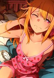  1boy 3; absurdres alarm_clock arm_support bare_arms bare_shoulders bed blonde_hair blush bow breasts brother_and_sister clock collarbone commentary cuffs english_commentary female food_print foreplay_game hair_between_eyes hand_in_own_hair handcuffs highres hoshino_aquamarine hoshino_ruby implied_incest indoors kama_sutra_clock khyle. long_hair looking_at_viewer medium_breasts messy_hair one_eye_closed oshi_no_ko paid_reward_available pillow pink_eyes pink_shirt pink_shorts shiny_skin shirt short_hair shorts siblings sitting sleeping sleepwear solo_focus star-shaped_pupils star_(symbol) strawberry_print stuffed_animal stuffed_toy symbol-shaped_pupils tearing_up teddy_bear waking_up wavy_mouth 