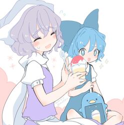  +_+ 2girls artist_name blue_dress blue_eyes blue_hair bow cirno closed_eyes collared_shirt commentary_request dated dress flying_sweatdrops food grey_hair hairbow hat holding ice_cream ice_shaver letty_whiterock m_(m073111) multiple_girls one-hour_drawing_challenge open_mouth puffy_short_sleeves puffy_sleeves scarf shirt short_hair short_sleeves sparkle sparkling_eyes spoon sweatdrop touhou twitter_username wavy_hair white_shirt wing_collar 