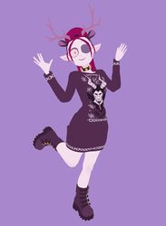  2020 3d_(artwork) blender_(artwork) boots christmas clothing digital_media_(artwork) dress ear_tails fake_antlers fake_horns female footwear gruftine hair herny hi_res holidays humanoid humanoid_pointy_ears not_furry one_eye_closed pink_hair ponytail purple_background school_for_vampires simple_background solo vampire wink 