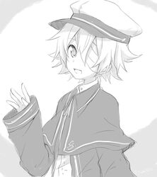  1boy bandage_over_one_eye capelet commentary greyscale hand_up hat jacket looking_at_viewer male_focus monochrome oliver_(vocaloid) open_mouth peaked_cap sleeves_past_wrists smile solo sudachi_(calendar) upper_body vocaloid waving 