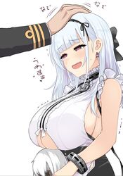  1boy anchor_choker anchor_necklace apron azur_lane bare_shoulders black_hairband blunt_bangs blush breasts center_frills character_doll choker cleavage_cutout closed_eyes clothing_cutout collar commander_(azur_lane) dido_(azur_lane) doll earrings female frilled_choker frills hair_ribbon hairband happy headpat heart heart_earrings highres holding holding_doll jewelry lace-trimmed_hairband lace_trim large_breasts long_hair maid maid_apron maid_day maid_headdress necklace oerba_yun_fang open_mouth pink_eyes ribbon sideboob sidelocks sleeveless standing translated underboob underboob_cutout upanishi_mariko waist_apron white_apron white_hair wrist_cuffs 