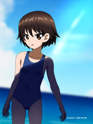  :p artist_name blue_sky blurry blurry_background brown_eyes brown_hair closed_mouth commentary cowboy_shot dated day female flat_chest girls_und_panzer highres horizon isobe_noriko looking_at_viewer naotosi ocean one-piece_swimsuit outdoors school_swimsuit shade short_hair sky solo standing swimsuit tongue tongue_out 