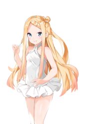  abigail_williams_(fate) absurdres bare_arms bare_shoulders blonde_hair braid closed_mouth collarbone commentary covered_navel fate/grand_order fate_(series) female frilled_leotard frills highres leotard long_hair looking_at_viewer parted_bangs simple_background smile solo standing very_long_hair white_background white_leotard yukaa 