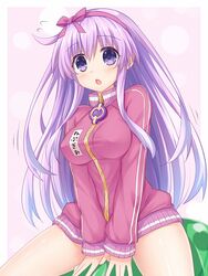  :o between_legs breasts choujigen_game_neptune_mk2 covered_nipples female hand_between_legs highres jacket kazuneko_(wktk1024) large_breasts light_purple_hair long_hair name_tag nepgear neptune_(series) no_legwear open_mouth pink_jacket purple_eyes ribbon simple_background sitting solo zipper 