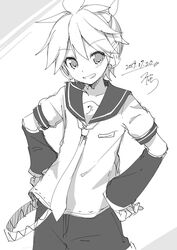  1boy arm_warmers bass_clef commentary contrapposto cowboy_shot dated greyscale grin hands_on_own_hips kagamine_len looking_at_viewer male_focus monochrome necktie sailor_collar shirt short_ponytail short_sleeves shorts signature smile solo spiked_hair sudachi_(calendar) vocaloid 