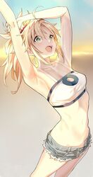  absurdres armpits arms_up bandeau bare_shoulders blonde_hair blue_shorts breasts collarbone commentary cutoffs denim denim_shorts fate/apocrypha fate/grand_order fate_(series) female green_eyes highres long_hair mordred_(fate) mordred_(fate/apocrypha) mordred_(memories_at_trifas)_(fate) navel open_mouth parted_bangs ponytail short_shorts shorts sidelocks small_breasts smile solo symbol-only_commentary thighs tokopi 