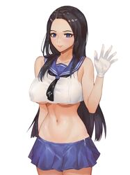  absurdres bare_shoulders black_hair blue_eyes blue_sailor_collar blush breasts crop_top female gloves highres hsd invincible_dragon_(last_origin) korean_commentary large_breasts last_origin long_hair midriff miniskirt navel pleated_skirt sailor_collar simple_background skirt smile solo sweatdrop underboob waving white_background white_gloves 