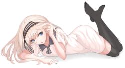  absurdres bad_id bad_pixiv_id black_thighhighs blue_eyes dress feet female grey_hair headband highres kaguya-sama_wa_kokurasetai_~tensai-tachi_no_renai_zunousen~ lu77 lying no_shoes on_stomach open_mouth over-kneehighs platinum_blonde_hair school_uniform serafuku shirogane_kei shuuchiin_academy_school_uniform simple_background solo summer_uniform thighhighs tucking_hair white_background white_dress 