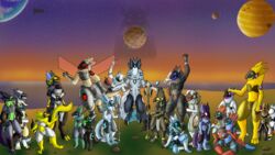  16:9 anthro aries_(lyynxx) armor biogentic_(protogen) blue_eyes breastplate claws crotchplate cybernetics dancing dark_body dark_fur eating female fingers food fur green_eyes group halo happy hi_res hug hunamarts machine male mammal melee_weapon moon multi_ear neck_tuft patting paws planet polearm primagen primogenitor protogen protogen_visor red_eyes shizuka(protogen) spear tail tuft weapon white_body white_eyes white_fur widescreen yellow_body yellow_eyes yellow_fur 