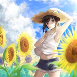  black_hair brown_eyes cloud cloudy_sky day female flower food groin hand_on_headwear hat highres holding holding_food lanthan original outdoors popsicle short_shorts shorts sky solo straw_hat summer sunflower 