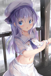  :o bad_id bad_pixiv_id beret blue_eyes blue_hair blue_neckwear bow bow_panties commentary female gochuumon_wa_usagi_desu_ka? hair_between_eyes hair_ornament hat highres kafuu_chino kafuu_chino&#039;s_school_uniform long_hair looking_at_viewer natuna_natu navel outdoors panties panty_peek parted_lips pleated_skirt puffy_short_sleeves puffy_sleeves railing rain sailor_collar school_uniform see-through shirt short_sleeves skirt solo underwear very_long_hair wet wet_clothes wet_hair wet_shirt wet_skirt white_hat white_panties white_sailor_collar white_shirt white_skirt wringing_clothes x_hair_ornament 