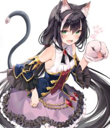  absurdres animal_ear_fluff animal_ears animal_hands black_hair blush buri_(retty9349) cat_ears cat_girl cat_tail detached_sleeves female gloves green_eyes hand_up highres karyl_(princess_connect!) long_hair low_twintails multicolored_hair oerba_yun_fang open_mouth paw_gloves princess_connect! purple_skirt simple_background skirt solo streaked_hair tail teeth twintails very_long_hair white_background white_hair 