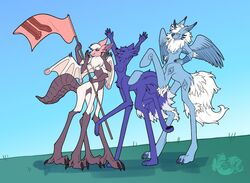  4_arms arms_above_head bat_wings big_ears blue_body blue_fur brown_body brown_fur canid canid_taur canine canine_taur capcom digital_media_(artwork) female fennec fennec_taur flag flag_(object) fluffy fluffy_tail flying_wyvern fox fox_taur fur gesture group hair hands_on_hips holding_flag holding_object kelpie long_legs lumaya_(lumaya) mammal mammal_taur membrane_(anatomy) membranous_wings monster_hunter multi_arm multi_leg multi_limb multi_tail nika_vizard ok_sign open_mouth paolumu purple_body purple_fur resting_legs scales scaly_tail simple_background smile tail taur trio white_body white_fur wing_claws wings 