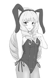  aikatsu!_(series) aikatsu_stars! animal_ears arm_behind_back blush breasts cowboy_shot dot_nose drill_hair female fishnet_pantyhose fishnets greyscale hairband hand_up highres leotard long_hair looking_at_viewer monochrome osame pantyhose playboy_bunny rabbit_ears shirogane_lily side-tie_leotard simple_background small_breasts smile solo standing strapless strapless_leotard very_long_hair white_background 