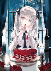  black_bow black_ribbon blueberry blunt_bangs blush bottle bow cake candle female flower food frilled_shirt_collar frills fruit glint grey_hair hairbow head_tilt heart highres holding holding_spoon indoors iren_lovel long_sleeves md5_mismatch neck_ribbon original purple_eyes red_flower red_rose reflection revision ribbon rose solo spoon table twintails upper_body window wine_bottle 