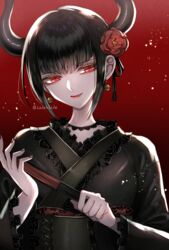  artist_name black_hair black_horns black_kimono black_nails blunt_bangs celestia_ludenberg commentary_request danganronpa:_trigger_happy_havoc danganronpa_(series) demon_horns earrings female flower gradient_background hair_flower hair_ornament holding horns japanese_clothes jewelry kimono lace-trimmed_kimono lace_trim long_sleeves looking_at_viewer nail_polish obi official_alternate_costume red_background red_eyes red_flower sash short_hair smile solo upper_body z-epto_(chat-noir86) 