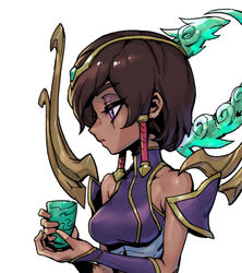  bare_shoulders breasts brown_hair commentary cup detached_sleeves dress female from_side hair_ornament holding holding_cup karma_(league_of_legends) large_breasts league_of_legends phantom_ix_row profile purple_dress short_hair solo symbol-only_commentary 