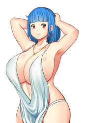  alternate_costume arm_behind_head armpits azur_lane blue_hair blunt_bangs blush borrowed_character breasts collarbone cosplay earrings female hair_behind_ear highres huge_breasts jewelry looking_to_the_side navel necklace original plunging_neckline revealing_clothes rina_atherina rouzille short_hair solo st._louis_(azur_lane) st._louis_(azur_lane)_(cosplay) st._louis_(luxurious_wheels)_(azur_lane) star_(symbol) star_earrings white_background 